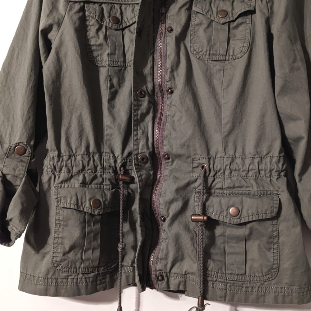 Ashley International Military Cotton Olive Zip Pull Tab Elastic Utility Jacket - Picture 7 of 15